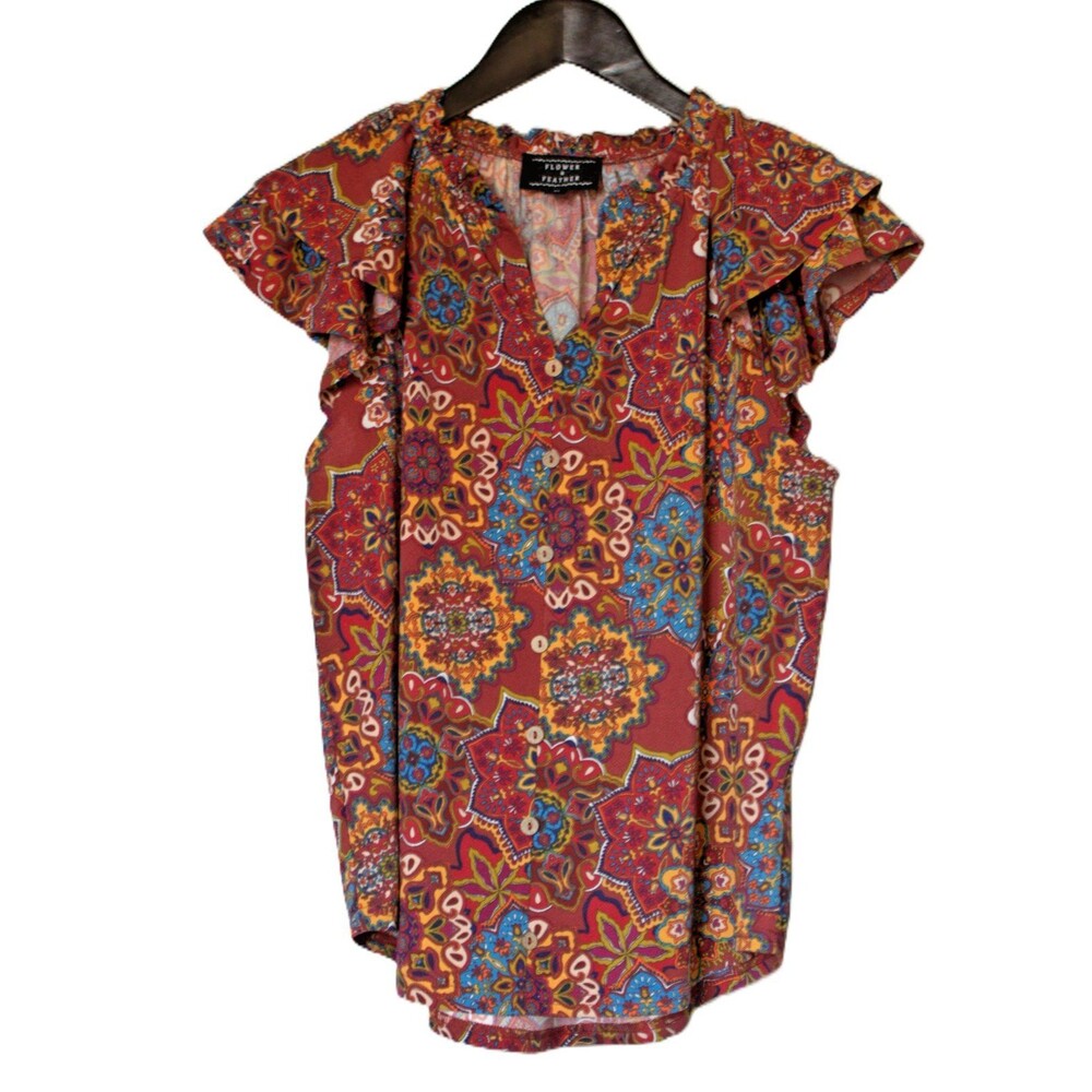 Flower&Feather Floral Print Peasant Top Sz M Boho Festival